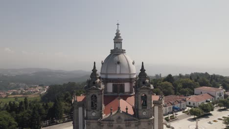 Church-dome-and-bell-towers,-Sameiro-Sanctuary,-Braga,-Portugal