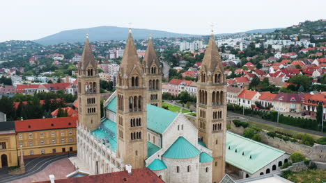 Aerial-View-Of-Pecs-Cathedral-And-Cityscape-Of-Pecs-In-Hungary