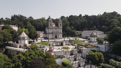 Aerial-slowly-rotation-over-Sanctuary-of-Bom-Jesus-Monument-on-top-of-hill---Braga