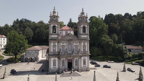 Aerial-orbiting-view-over-Bom-Jesus-de-Braga-Church,-Portuguese-pilgrimage-site