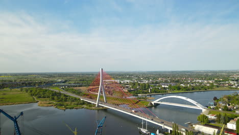 Aerial-view-of-Cable-Stayed-Bridge-over-Vistula-River-In-Gdansk,-Poland