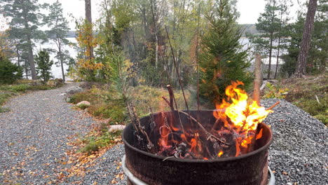 Garden-worked,-controlled-heavy-fire-and-smoke-in-oil-barrel,-fall-day