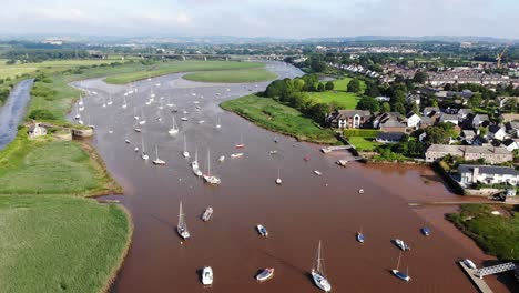 Aerial-View-Of-Sailboats-Anchored-In-River-Exe-In-Topsham