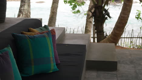 Sofa-With-Cushion-In-Accommodation-Of-An-Exclusive-Villa-Resort-Hotel-On-Secluded-Beach-In-Godauda,-Sri-Lanka