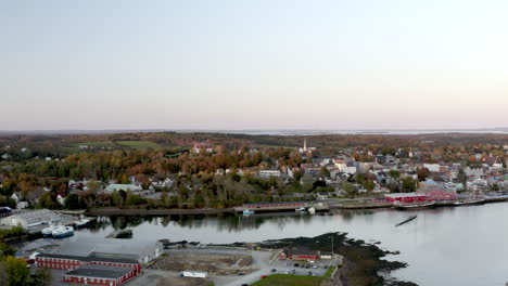 Peaceful-evening-aerial-landsccape-of-colonial-Luneburg-town,-Nova-Scotia,-Canada