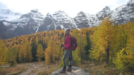 Happy-Female-Hiker-With-Trekking-Poles-in-Beautiful-Landscape-of-Banff-National-Park,-Alberta,-Canada,-Green-Yellow-Larch-Trees-in-Sentinel-Pass-at-Fall-Peak,-Full-Frame