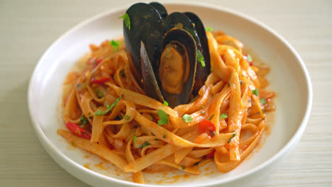 Pasta-De-Espagueti-Con-Mejillones-O-Almejas-Y-Salsa-De-Tomate---Estilo-De-Comida-Italiana