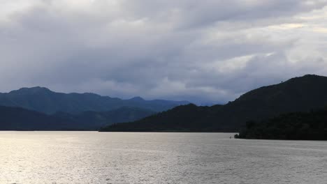 Overcast-of-Clouds-with-Scenic-Landscape-of-Mountains-Across-the-Reservoir-at-Kaeng-Krachan-National-Park-in-Thailand