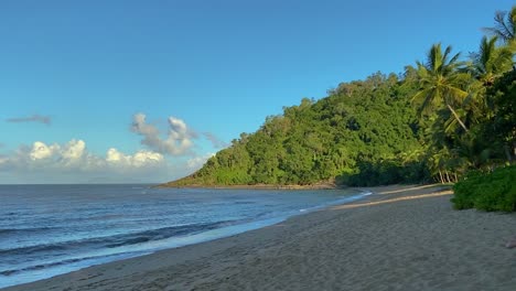 Friedlicher-Und-Ruhiger-Blick-Auf-Einen-Einsamen-Tropischen-Strand,-Gesäumt-Von-Palmen-Und-Sanft-Plätschernden-Wellen,-Unter-Einem-Wunderschönen-Blauen-Morgenhimmel