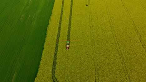 Agricultural-sprayer-applying-herbicides,-pesticides,-and-fertilizers-to-rapeseed-crops-field-in-spring,-Aerial-take-off-copy-space
