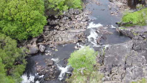 Black-river-stream-with-rapids-surrounded-with-green-lush-forest-and-aerial-footage