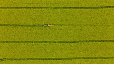 Aerial-View-of-Tractor-With-Boom-Sprayer-Working-In-The-Beautiful-Field-Of-Rapeseed