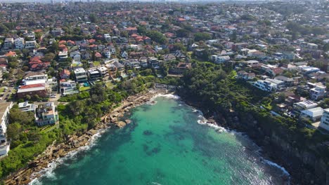 Aerial-View-Coogee-Coastal-Suburb---Gordons-Bay-Beach-By-Blue-Sea-In-Sydney,-Australia