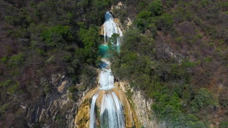 Tropical-waterfalls-in-exotic-Mexico-mountainside,-El-Chiflon,-4K-aerial-view
