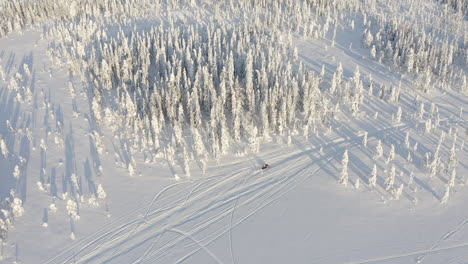 Drone-shot-of-a-man-riding-a-snowmobile-on-track-path-through-winter-forest-in-Sweden