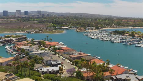 Aerial-view-of-the-waterway-and-Harbor-in-Newport-Beach,-California