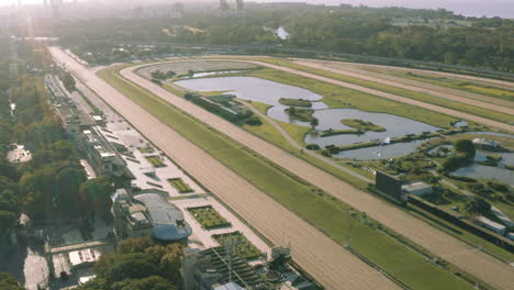 AERIAL---Palermo-horse-racetrack-and-lakes,-Buenos-Aires,-Argentina,-wide-shot