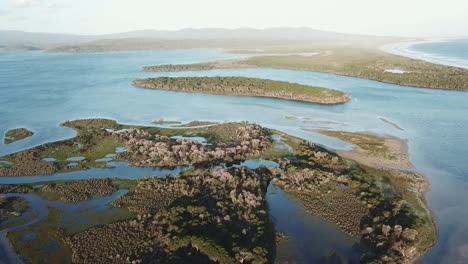 Aerial-footage-over-Goat-and-Horse-Islands-in-the-Mallacoota-Inlet,-in-eastern-Victoria,-Australia,-December-2020