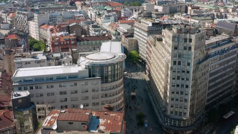 Aerial:-Belgrade-city-centre,-Serbian-capital-buildings-and-streets-on-sunny-day