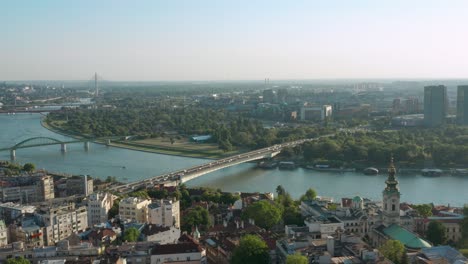 Aerial-truck-shot-over-the-downtown-Belgrade-capital-of-Serbia-in-the-afternoon