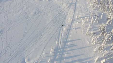 Wide-drone-shot-of-a-man-on-a-snowmobile-during-a-cold-winter-in-Sweden