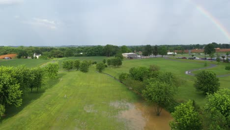 Aerial-of-athletic-field-submerged-in-rain