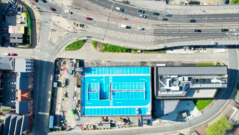 Top-View-Of-The-Blue-Facade-Of-The-Car-Park-Near-The-Intersection-In-Kingston-Upon-Hull-City-In-UK