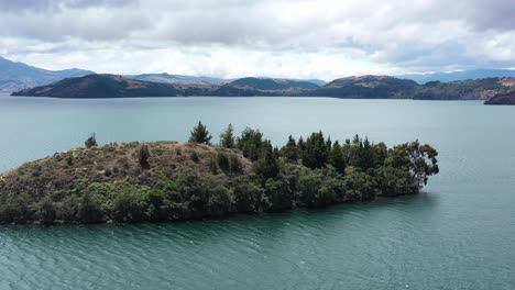 Drone-Aerial-View-of-Island-in-Laguna-de-Tota,-Boyaca,-Biggest-Lake-in-Colombia
