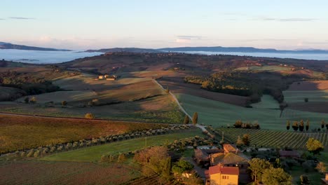 Tuscany,-Italy,-Aerial-footage-of-nature-landscape-beautiful-hills-forests-fields-and-vineyards-during-sunrise