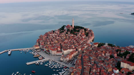 Bird's-Eye-View-Of-The-Town-Of-Rovinj-At-Adriatic-Coast-With-Marina-Port-In-Istria,-Croatia