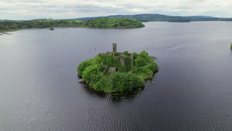 Aerial-view-of-McDermott's-castle-with-panorama-of-Lough-Key