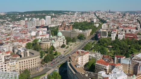 Aerial:-central-Belgrade-cityscape,-historical-Serbian-capital-on-summer-day