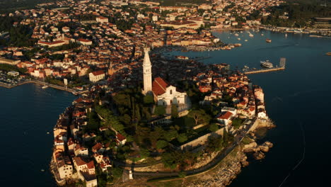 Aerial-View-Of-Stunning-Rovinj-Town-By-The-Adriatic-Sea-In-Istria-Region-Of-Croatia-At-Dusk