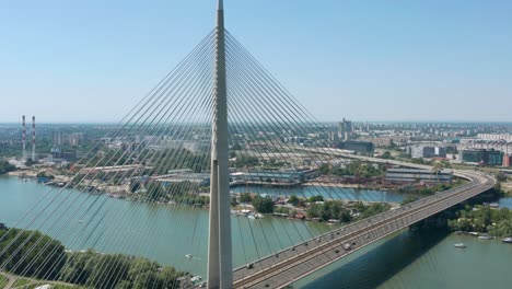 Aerial:-iconic-Ada-Bridge-in-Belgrade-Serbia,-cable-bridge-over-Sava-river