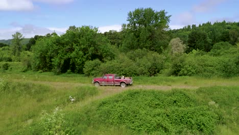 PIck-Up-Truck-With-Animals-At-Backside-Drive-Through-Dirt-Road-At-Countryside-During-Springtime