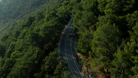 Luxury-Car-Driving-Through-Forest-Mountain-Road-Towards-Istria,-Croatia-During-Summer