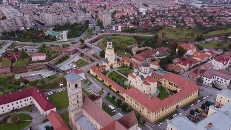 Aerial-View-of-Reunification-Cathedral-and-Roman-Catholic-Cathedral-Saint-Michael-inside-the-Alba-Iulia-Fortress,-Romania