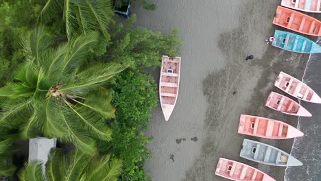 Beautiful-aerial-vertical-descending-view-over-colorful-boats-on-Palmar-de-Ocoa-seashore,-Azua,-Dominican-Republic