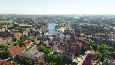 Aerial-View-Of-The-Old-Town-In-Gdansk-With-Beautiful-Motlawa-River-In-Poland---drone-shot