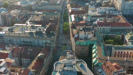 Aerial:-Knez-Mihailova-Street-in-central-Belgrade,-popular-shopping-destination