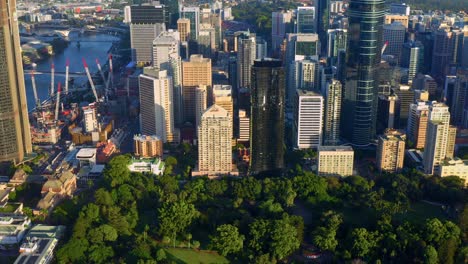 Aerial-view-of-140-Alice-Street-Residential-Building-with-City-Botanic-Gardens-Surrounded-by-CBD,-QLD,-Australia