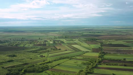 Aerial-view-of-a-green-farmland-with-blue-skies