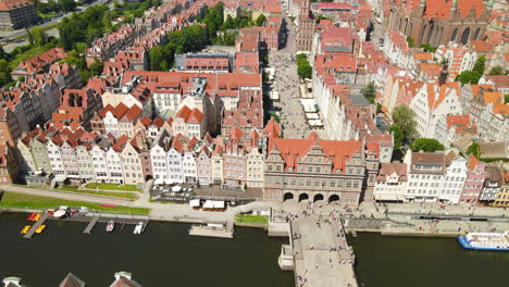 Aerial-View-of-Gdansk-Old-Town-District,-People-Crossing-the-Bridge-Over-the-River,-Walking-in-Long-Market,-Basilica-of-St