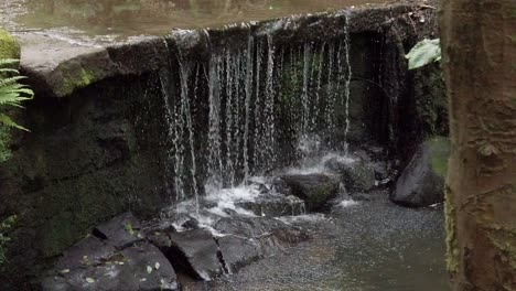 Friedlicher-Wald-Zen-Wasserfall-Zeitlupe-Frisches-Fließendes-Wasser-Kaskade-Zeitlupe-Dolly-Linker-Schuss