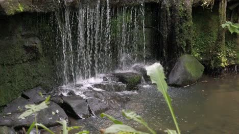 Peaceful-forest-zen-waterfall-slow-motion-fresh-flowing-water-cascade-slow-rising-shot