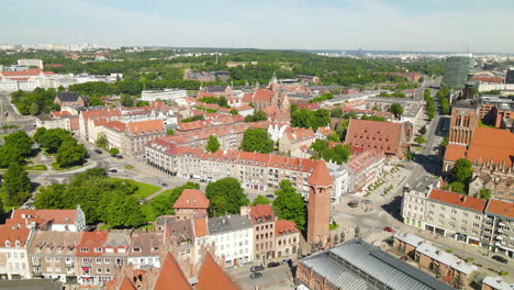 Aerial-View-Of-Jacek-Tower-With-Old-Town-Of-Gdansk-In-Poland
