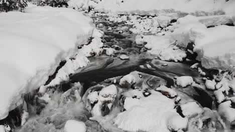 Frozen-River-At-Alexander-Falls-In-Whistler,-British-Columbia,-Canada-During-Winter---drone-shot