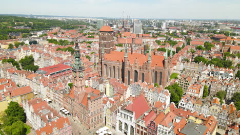 Aerial-View-Of-Historic-Gdansk-Main-Town-Hall-And-St