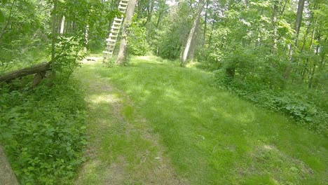 POV-from-the-front-of-an-all-terrain-vehicle-or-ATV-driving-on-a-trail-thru-the-woods-with-heavy-foliage-towards-a-deer-stand