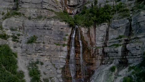 Bridal-Veil-Falls-Waterfall-Cascading-on-Utah-Mountains-in-Provo-Canyon,-Aerial